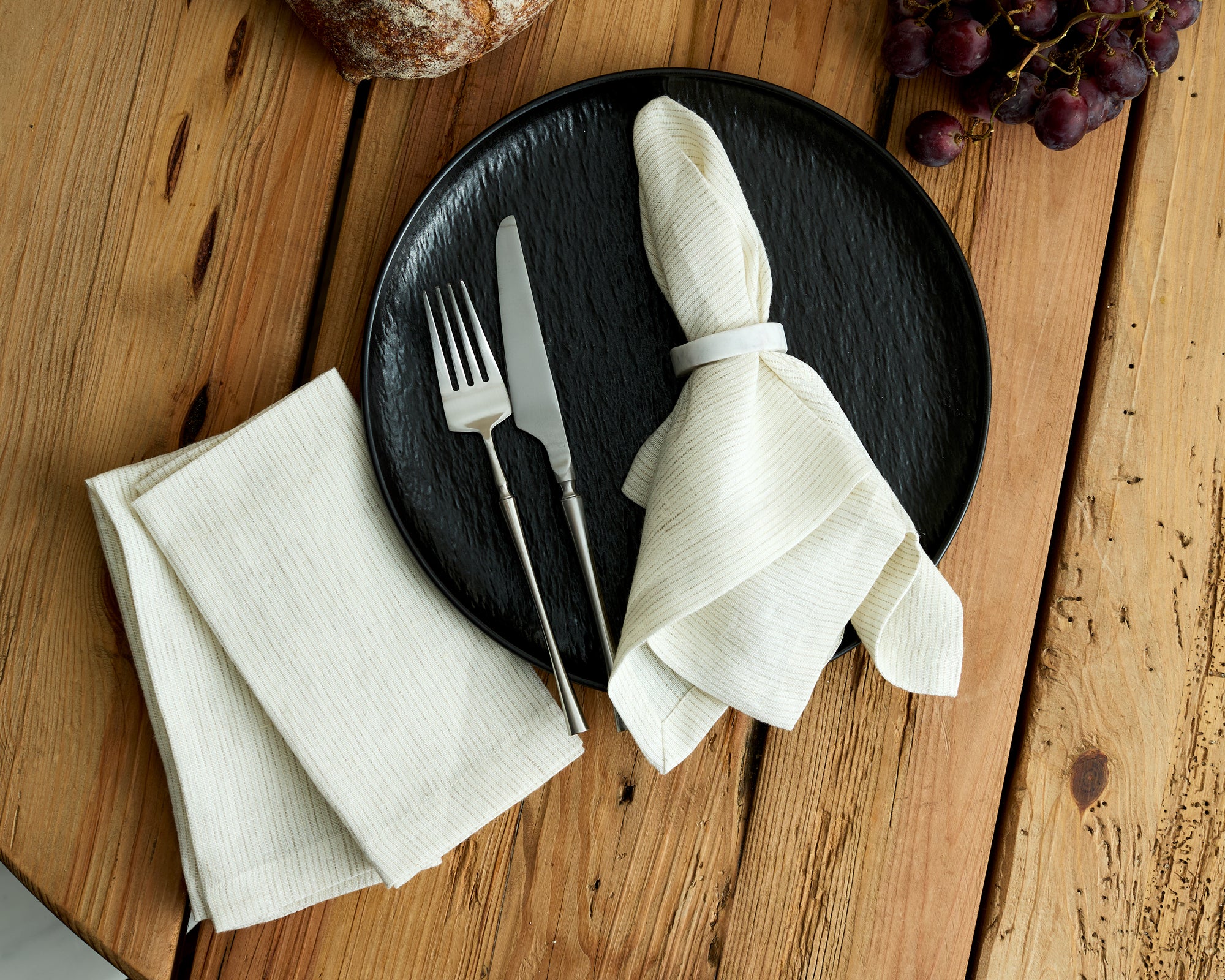 Washed Linen Table Napkin Set in White with Lines Pattern from What Host Home